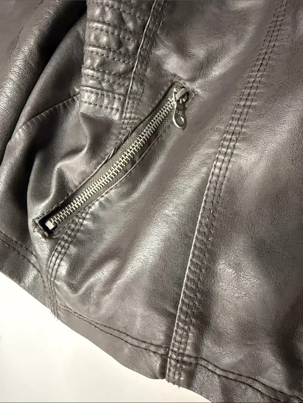 Kids Hooded Faux Leather Jean-Style Jacket in Dark Brown